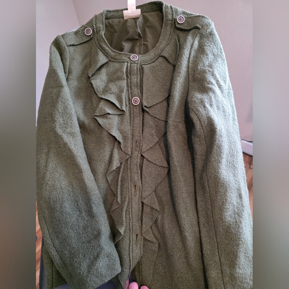 Chico's Olive Ruffle Front Trench Coat
